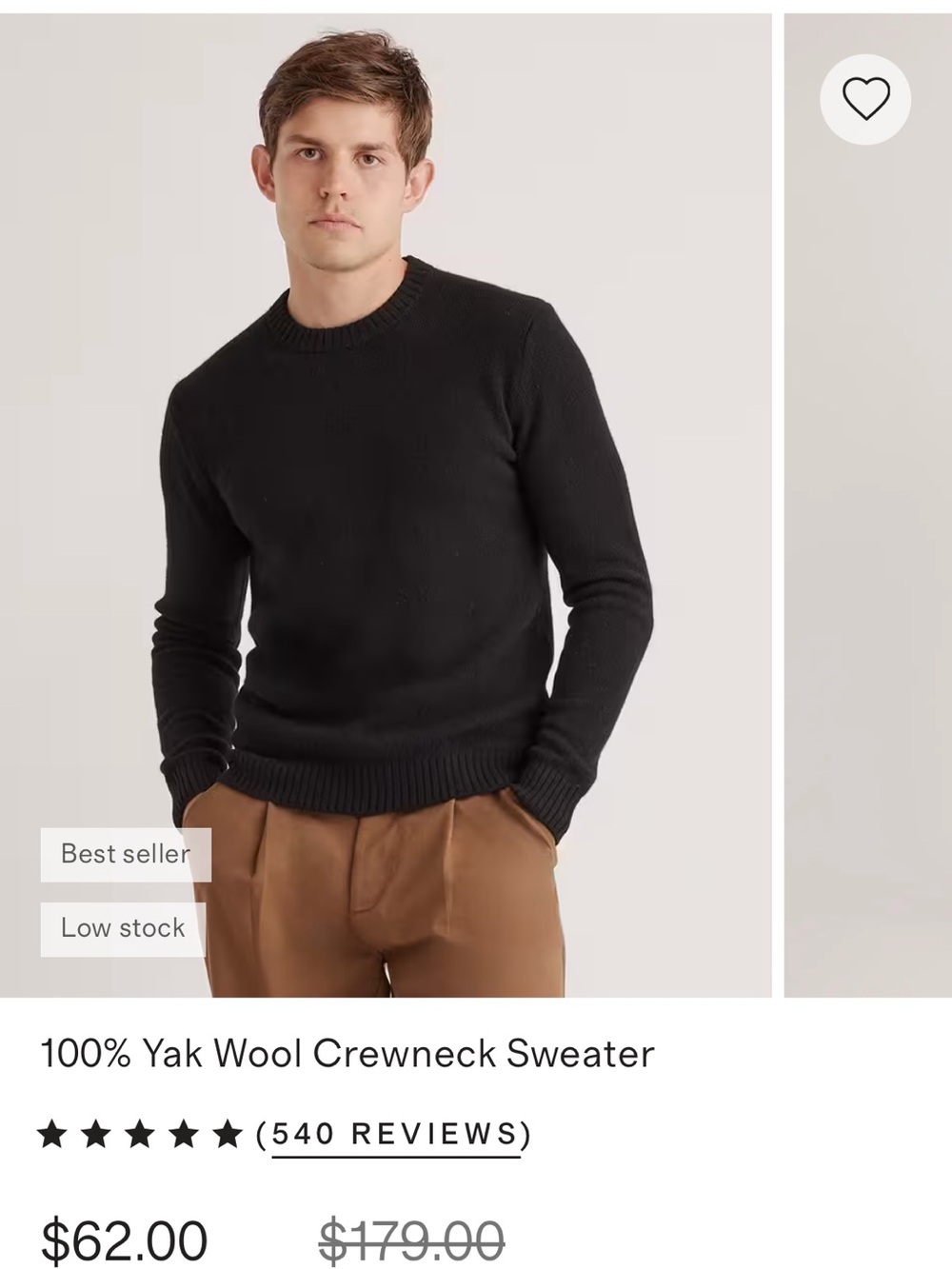 Quince Black Yak Wool Crewneck Sweater - Men